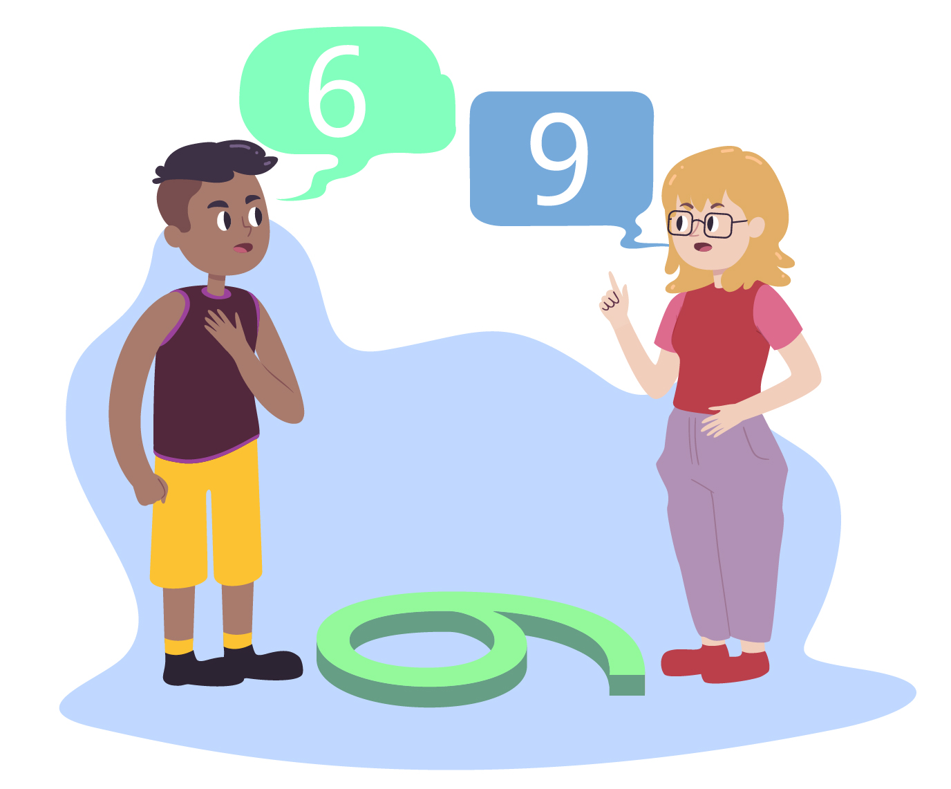 Imagen de dos personas discutiendo si es 6 o es 9, debido a su perspectiva y ubicación.